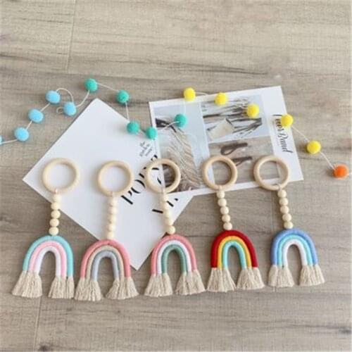 Ins Nordic Wood Bead Garland Rainbow Macrame Wall Hanging Kids Baby Girl Room Decoration Handmade Woven Rainbow Hanging Pendant