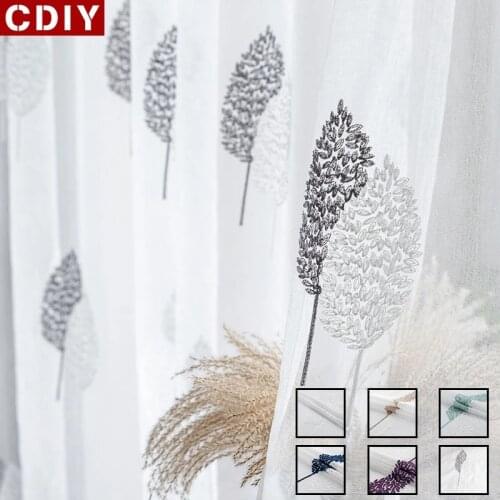 CDIY Embroidered Leaves Sheer Curtains for Living Room Modern Voile Curtain Bedroom Tulle Shower Curtains Lace Window Drapes