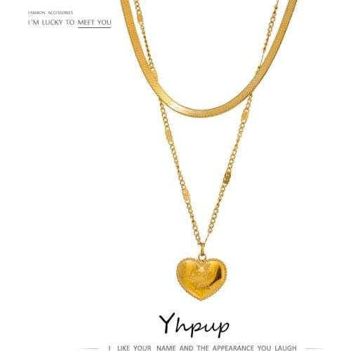 Yhpup Romantic Heart Pendant Necklace Chain Stainless Steel Double Layered Jewelry Collar Necklace цепочка на шею женская Gift