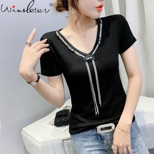 Summer European Clothes Cotton T-Shirt Sexy V-Neck Chain Tassels Women Tops Short Sleeve Casual All Match Tees New 2021 T17213A
