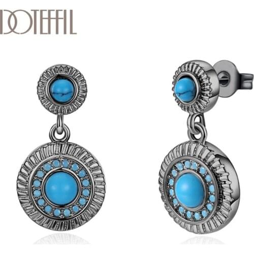 DOTEFFIL 925 Sterling Silver Turquoise Round Earring For Woman Fashion Wedding Engagement Party Gift Jewelry