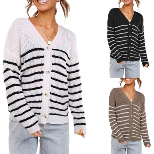 Women Color Block Cardigan, Adults Striped Button Down Long Sleeve V-neck Sweater Autumn