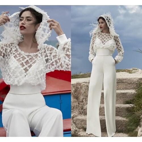 White Wedding Jumpsuit With Jacket Hood Beach Wedding Dresses Satin Bridal Gowns Custom Made Long Sleeve Robe De Soiree