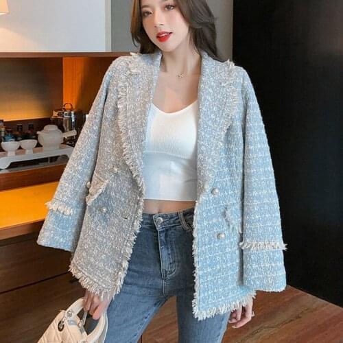 High Quality 2021 New Autumn Winter French Vintage Tweed Jacket Coat Women Double Breasted Outwear Small Fragrance Woolen Coats