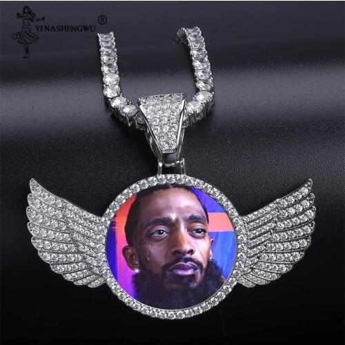 Gold Custom Made Photo With wings Medallions Necklace & Pendant 3mm Tennis Chain Cubic Zircon Mens Necklaces Hip Hop Jewelry