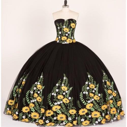 2021 Charro Mexico Sunflower Embroidery Quinceanera Dresses Princess Ball Gown Sweet 15 Dress Custom Size