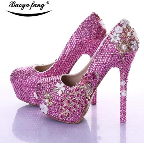 BaoYaFang Brand Luxury Fuschia crystal Womens Wedding shoes Bride high heels platform shoes Peacock Female party dress shoes