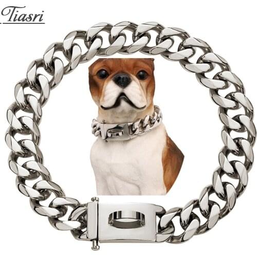 19mm Silve Color Solid Stainless Steel Dog Leash Collar Necklace Choker Cuba Miami Chain Hot Sale Pet Supplies High Polished