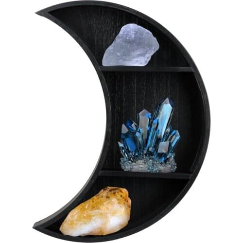 Moon Shape Wooden Shelf Home Wall Decor Bookcase Bookshelf Crystals Black Hanging Storage Rack