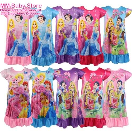 Kids Girls Disney Princess Nightdress Summer Cartoon Print Short Sleeve Nightgown Childrens Casual Sleepwear Robe 3-9Years
