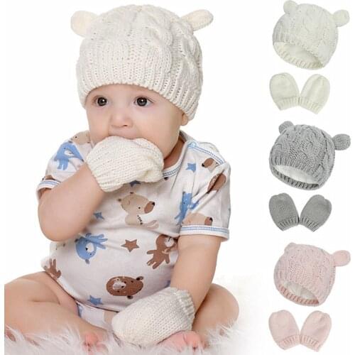 New Baby Kids Girls Boys Winter Warm Knit Hat Ear Solid Warm Cute Glove 2pcs Lovely Beanie Cap 0-18M