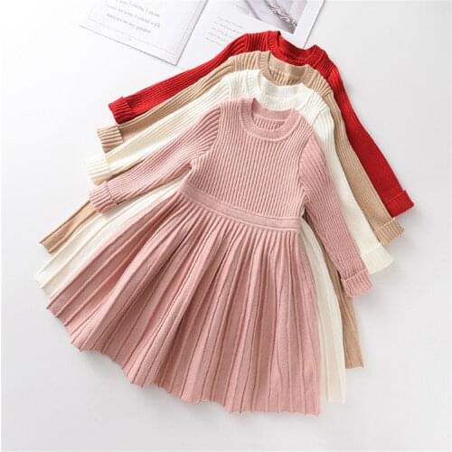Kids Solid Color Dresses 2020 Winter Style Girls Long Sleeve Sweater Children O-Neck Dress Costume Princess Dress Clothes A5134
