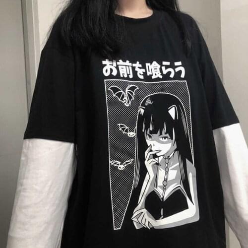 Womens T-shirts Oversized Short Sleeve Japanese Y2k Tshirt Punk Cotton Anime Clothes Gothic Cartoon Graphic Tees Women