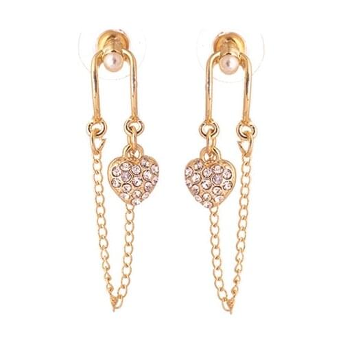 Korean Temperament Love Gold Chain Earrings Long Tassels Pearl Rhinestone Heart Thin Earrings for Women Girl Birthday Gift