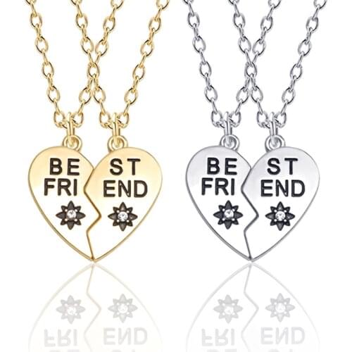 Fashion New Simple Rhinestone Heart Shape Good Friend Pendant Necklace Double Color Optional Jewelry Gift Boutique Direct Sales