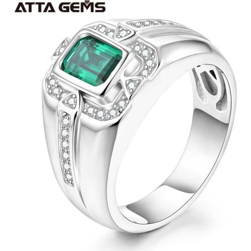 Green Emerald Sterling Silver Mens Ring for Wedding Engagement Created Faced Emerald Classic Design for Men Birthday Gifts