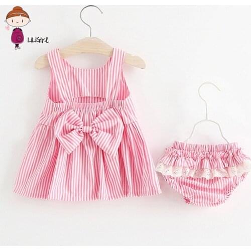 Newborn Baby Girls Clothes Sleeveless Dress+Briefs 2PCS Outfits Set Lace Striped Printed Cute Clothing Sets Summer Sunsuit 0-24M