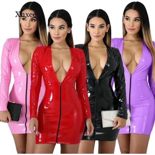 Autumn, Spring and Summer Womens Sexy Leotard Jumpsuit One-Piece Faux Leather Dress Zipper Pu High Elastic Hip Skirt