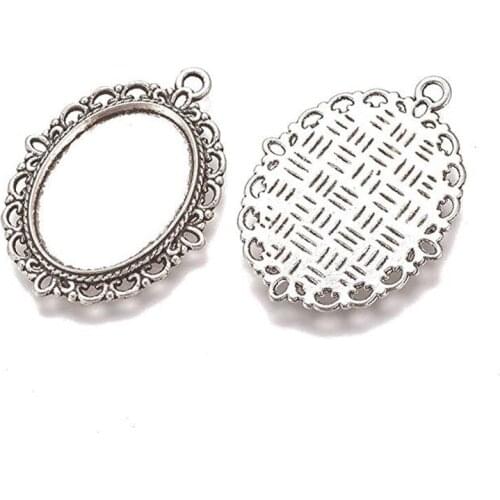 Pandahall 10pcs Antique Silver Oval Zinc Alloy Pendant Settings for Cabochon & Rhinestone, DIY Findings for Jewelry Making F70