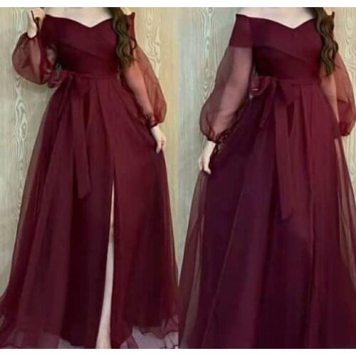 Long Sleeve A-Line Tulle Evening Dresses with Slit Floor Length Zipper Pleated Bowknot Abendkleider Formal Party Gowns for Women