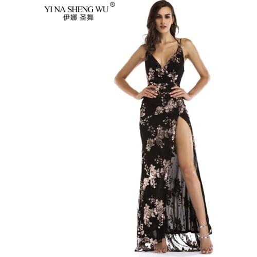 Women Sexy Gown Suspenders V Neck Backless Split Dress Printing Summer Party Sequins Long Dresses Elegant Maxi Dresses Wear