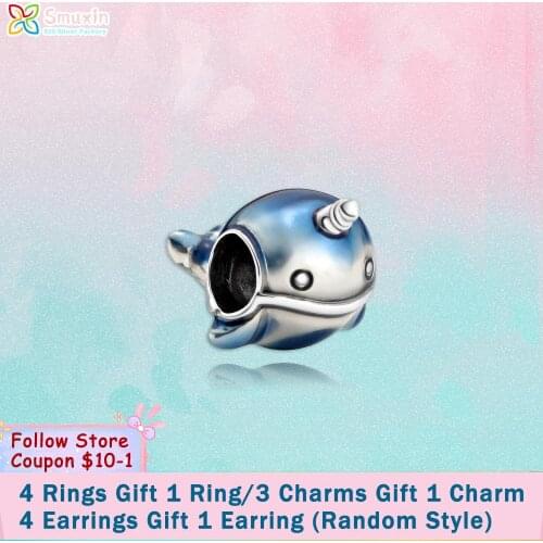 Smuxin 925 Sterling Silver Beads Shimmering Narwhal Charms fit Original Pandora Bracelets for Women Jewelry Making Girl Gift