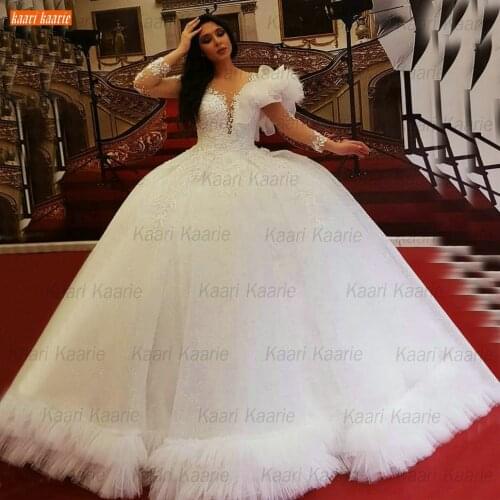 Arabic White Wedding Dresses O Neck 2021 Robe De Mariée Long Sleeves Lace Appliqued Chic Bridal Gowns Custom Made Abiti Da Sposa