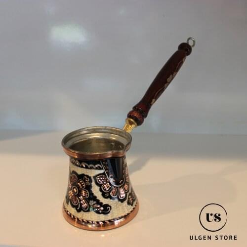 Turkish Copper Coffee Pot Handmade Traditional Design Engraved Wood Handle With Inlays Ottoman Arabic Espresso