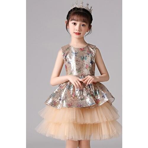 2021 Summer Color girls sequined net Evening Layered Dress Autumn New wedding dress for girls Childrens Day