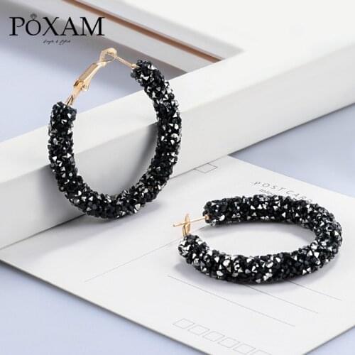 POXAM 2019 Fashion Big Round Crystal Acrylic Drop Stud Earrings for Women Statement Summer Gold Hollow Hanging Earring Jewelry