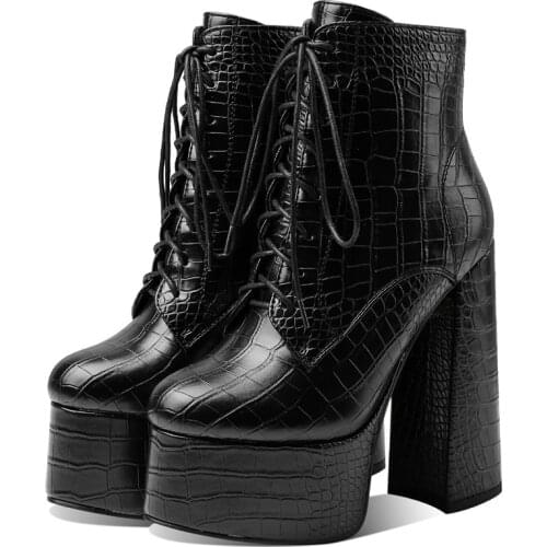 Sexy Womens Ankle Boots Platform Cowboy Boots For Women Block High Heels Lace Up Black White Short Party Shoes Female New 2021