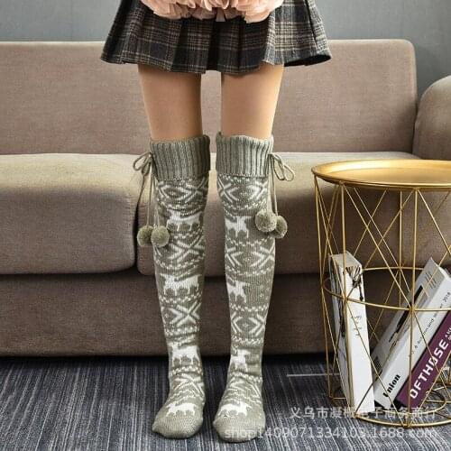 Women Knitted Stocking Warm Winter Thicken Over-knee Socks Christmas Pile with Fur Ball Decoration Female Clothing Accessories