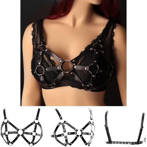 Black Leather Lingerie Bdsm Harness For Women Adjust Waist Size Wrap Bra Suspender Punk Gothic Style Exotic Costume