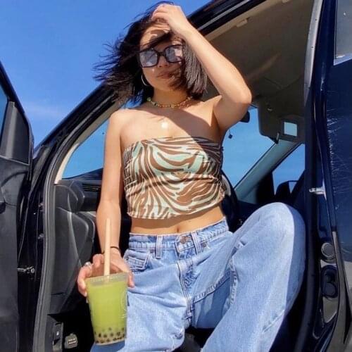 2021 Summer Women Sexy Strapless Crop Tops Unique Stripes Print Sleeveless Asymmetric Tube Tops