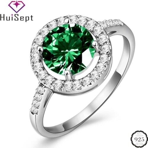 HuiSept Vintage 925 Silver Women Ring Round Shape Emerald Zircon Gemstones Rings Jewellery Wedding Party Gift Ornament Wholesale