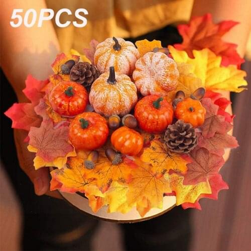 50PCS Simulation Pumpkin Golden Autumn Mini Pumpkin Set Halloween Pumpkin Thanksgiving Decoration Pumpkin Pine Cones Acorns Prop