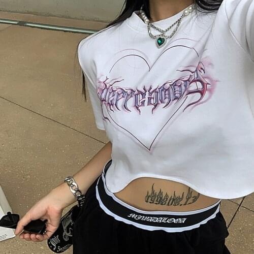 90s y2k t-shirt Letter loving heart print punk Crop Top Harajuku short-sleeve tops aesthetic graphic gothic Female clothing 2021