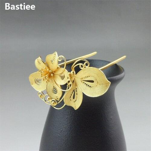 Bastiee Butterfly Flower 999 Sterling Silver Hair Fork For Women Golden Plated Tassel Hair Stick Hmong Luxury Jewelry