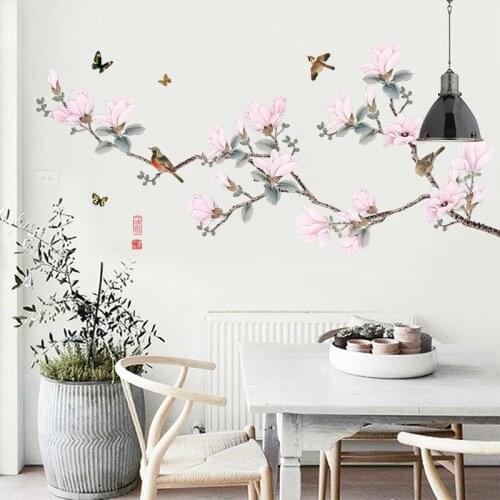 Flowers Tree Bird Wall Stickers Home Decor Sofa TV Vinyl Decals for Furniture Bedroom Living Room Art Peach Poster
