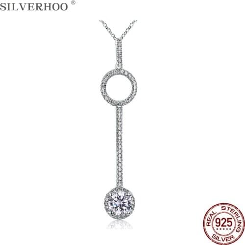 SILVERHOO Genuine Sterling Silver 925 Jewelry Shining Key Long Pendant Necklaces For Women Large Clear Cubic Zirconia Necklace