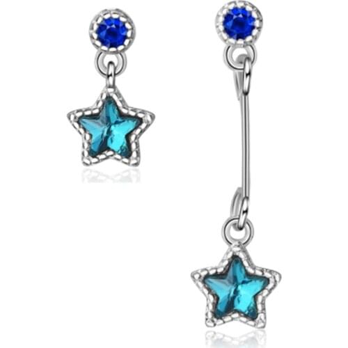 Korean version of the asymmetrical exquisite sea blue five-pointed star simple wild silver plated stud earrings WE029