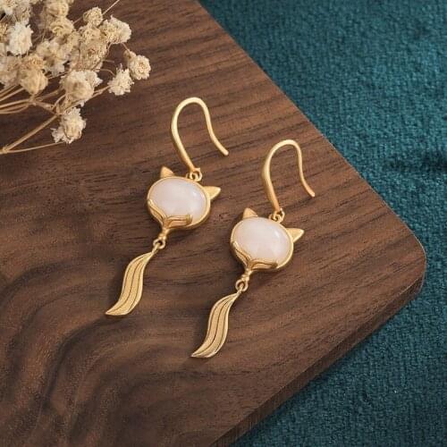 Cute Fox Stone Earrings for Women Vintage Chinese Ethnic Creative Elegant Earrings Female Animal Jewelry Gift M4
