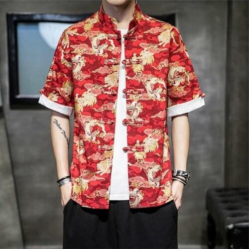 Man Retro Chinese Tops Traditional Clothing Tang Suit Casual Stand Collar Shirt Summer Linen Print Buckle Kung Fu Clothes 30397