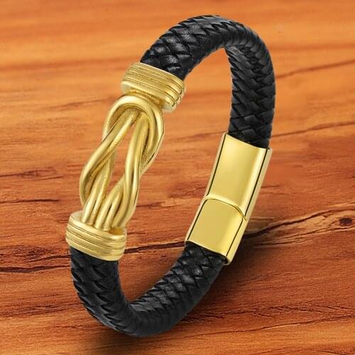 Charm Braided Black Rope Leather Bracelet Men Wristband Jewelry Golden Stainless Steel Magnetic Gift For Friend
