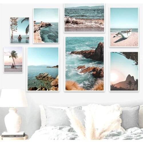 Ocean Wave Landscape Wall Art Canvas Print Beach Coconut Tree Boat Poster Sea Woman Print Nordic Wall Pictures Living Room Decor