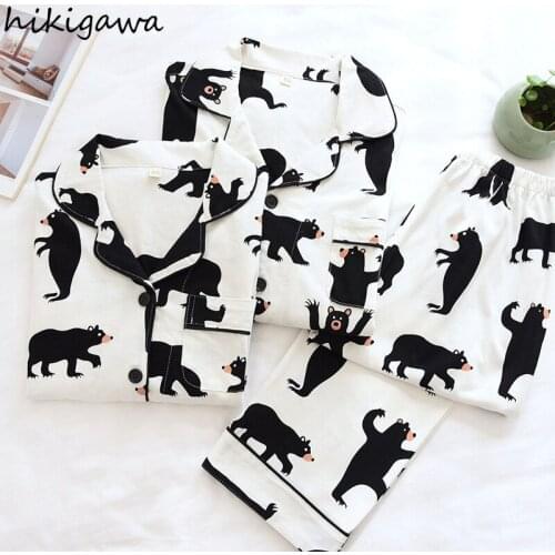 Hikigawa Women Men Pajama Sets Autumn Couple Cartoon Homewear Long Sleeve Trousers Sleepwear Cotton Japanese Loose Clothing Suit