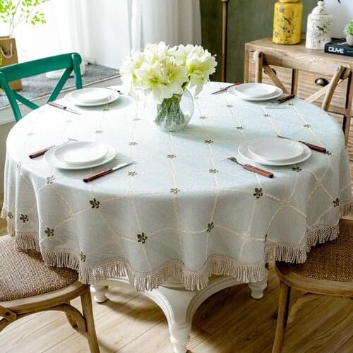 Luxury Table Cloth Round Table Cover Leaves Embroidered Wedding Party Home Tablecloth Cotton Linen Tablecloths with Tassel