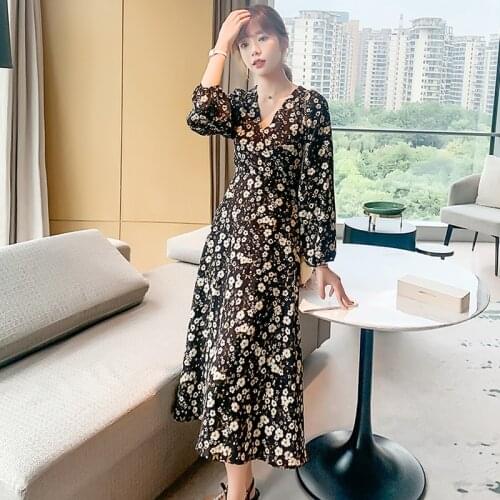 French Zipper Sunflower Printed Chiffon Dresses Women Elegant Long Dresses Female Long Sleeve V-neck A-line Dress Mujer Vestidos