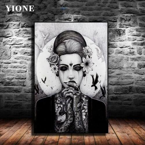 Horror Strange Tattoo Woman Art Prints Black And White Abstract Figure Flower Zombie Canvas Picture Poster Wall Decor Painting