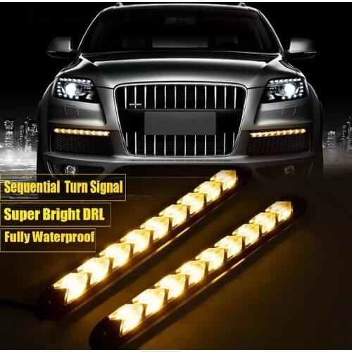 2pcs LED Car DRL Daytime Running Light Auto Headlight Strip Waterproof Flow White Turn Signal Yellow Day Lights Universal 12v